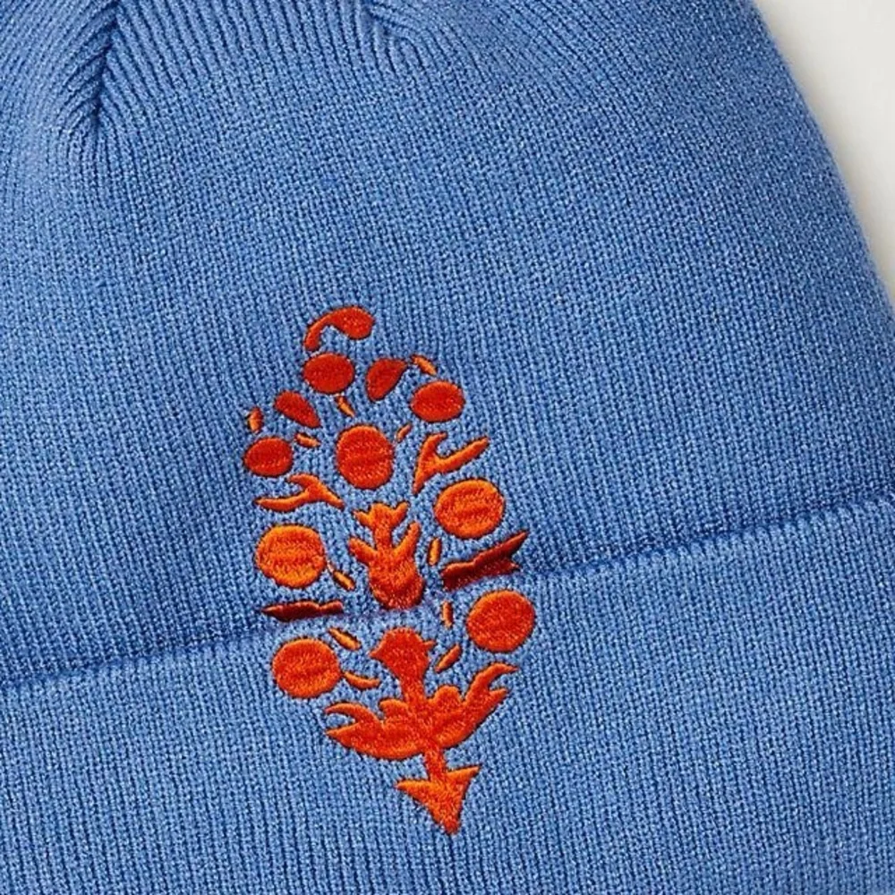 Free People Movement Buti Blue Beanie with Orange Embroidery New